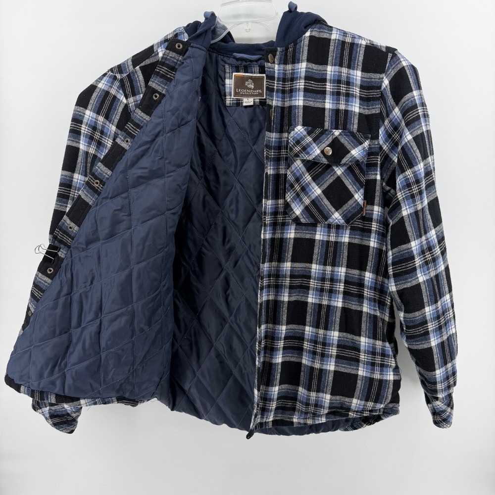 Legendary Outfitters Hooded Flannel Jacket Mens Large Blue Black Plaid Quilted